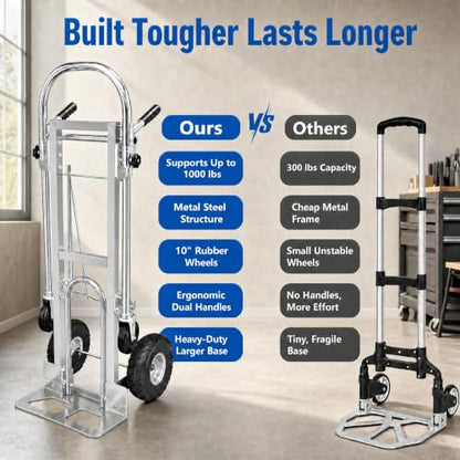 1000 LBS Dolly Cart with Wheels, 4 in 1 Folding Hand Truck, Stainless Steel Heavy Duty Industrial Convertible Hand Cart, Utility Collapsible Hand Truck Dolly for Warehouse, Home, Office, Etc - color: Silver