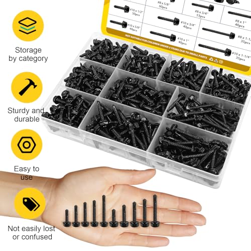 458Pcs #8#10 Hex Washer Head Self Tapping Sheet Metal Screws Kit - size: 458pcs #8#10 Black