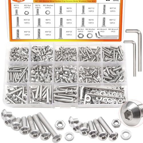 Taiss M3 M4 Screws Kit M3 M4 x 4mm/5mm/6mm/8mm/12mm/16mm/20mm/25mm 304 Stainless Steel Metric Screws Assortment Button Head Socket Cap Head Screws Bolts with Nuts/Washer/Wrenches 405PCS - color: SS 405PCS M3 M4 Kit