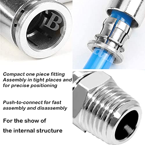 Beduan Push to Connect Tube Fitting Union Tee, Copper Nickle-Plated 1/4" Tube OD x 1/4" NPT Male Thread Shaped Union Adapter Fitting (Pack of 5) - size: 1/4"OD x 1/4"NPT