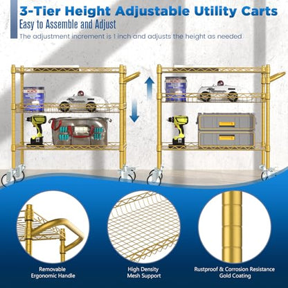 Leteuke 3 Tier Rolling Carts with Wheels, Heavy Duty Rolling Utility Cart - color: Gold