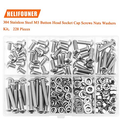 HELIFOUNER 228 Pieces M5 x 8mm /10mm /12mm /16mm /20mm /25mm /30mm, Button Head Socket Cap Screws Bolts Washers Nuts Kit, 304 Stainless Steel - size: M5, style: Button Head Screws