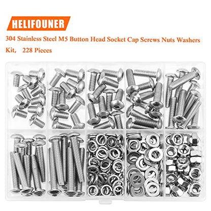 HELIFOUNER 228 Pieces M5 x 8mm /10mm /12mm /16mm /20mm /25mm /30mm, Button Head Socket Cap Screws Bolts Washers Nuts Kit, 304 Stainless Steel - size: M5, style: Button Head Screws