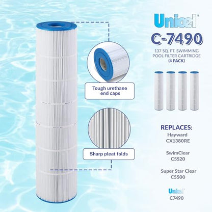 Unicel C-7490 137 Square Foot Media Replacement Pool Filter Cartridge with 176 Pleats, Compatible with Hayward Pool Products (4 Pack)