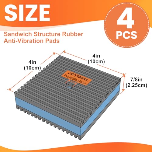GCGOODS Rubber Anti-Vibration Pad, 4" x 4" x 7/8" Heavy Duty Ribbed Rubber with Blue EVA Center Isolation Pads for HVAC, Air Compressor, Treadmill, Washer and Dryer, Air Conditioner Units, Pack of 4