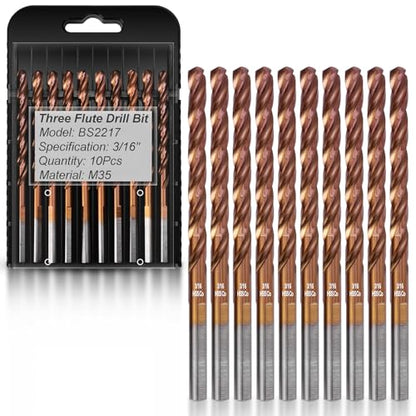 10-Piece 3/16" 3-Flute Cobalt Drill Bits, M35 Metal Drill Bits - size: 3/16 in (10pcs)