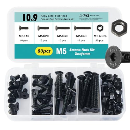 M5 x 10mm 20mm 30mm 40mm, Flat Head Hex Socket Cap Screws Bolts, Countersunk Bolts and Nuts, 10.9 Grade Alloy Steel, Black Oxide, Metric Allen Drive, Fully Thread, Assortment Kit 80PCS - size: M5x10-40mm+Nuts
