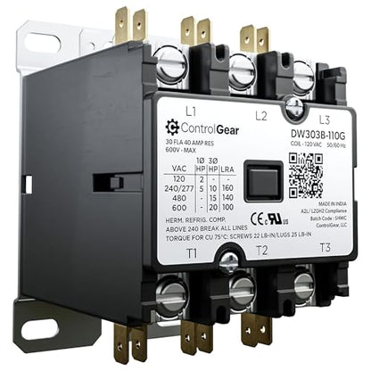 3-Pole Definite Purpose Contactor, 30A, 120V Coil, UL Recognized, A2L Cert. - size: 3P 30A 120V coil