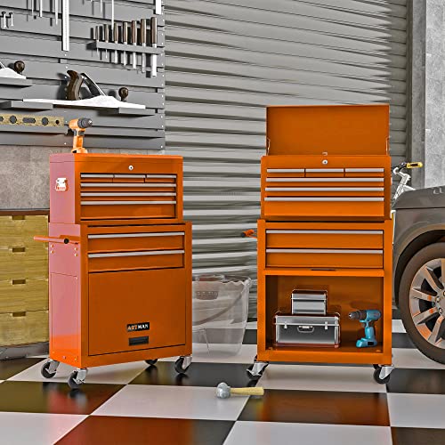 Orange Heavy Duty 8-Drawer Tool Chest w/Ball Bearing Drawers, Central Locking & 4 Wheels (2 Brakes) - Professional Rolling Garage Cabinet - color: Orange, size: 24.2 x 13 x 42.8