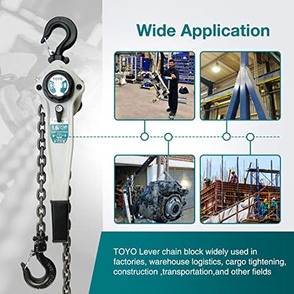 TOYO Lever Chain Hoist 3500Lbs 20ft,Chain Come Along 1.6T 20Ft Ratchet Chain Puller Hoist Alloy Steel G80 Chain 2 Heavy Duty Hooks for Building Warehouse Automotive Garages Machinery (3500LB 20FT) - size: 3500Lb 20Ft