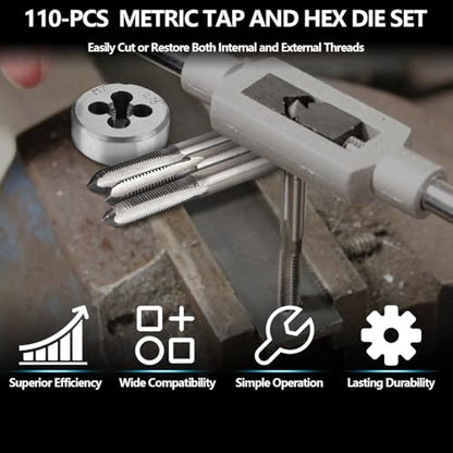 110PCS Metric Tap and Die Set, Metric Size M2-M18 Rethreading Kit