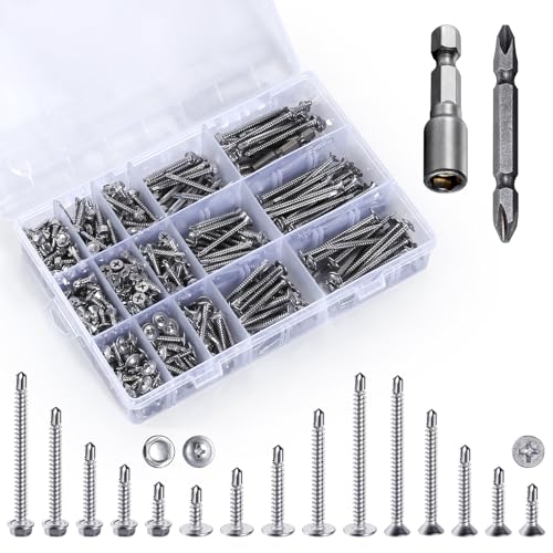 440 Pcs 410 Stainless Steel Sheet Metal Self-Tapping Screws Combination Set with Flat Head, Large Flat Head and Hexagon Head Screws 8# Length 1/2” to 2”（Silver）
