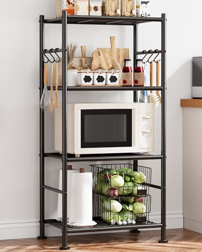 Sakugi Storage Shelves - 4-Tier Large Capacity Shelf Organizer with Hooks, Heavy-Duty Garage Shelving with Leveling Feet, Wobble-Free Rack for Bedroom, Balcony, Garage, 18.1"×12.4"×43.7", Black - color: Black, size: 18.1W×12.4D×43.7H(4T)