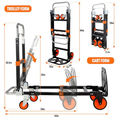 TLGREEN 3-in-1 Convertible Hand Truck, 600 lb, 4 Silent Wheels, Orange - color: Orange