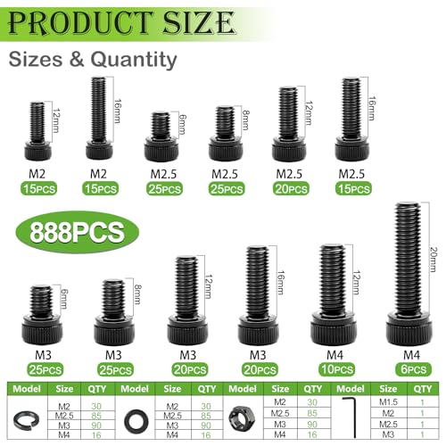mxuteuk 888PCS Metric Screws Assortment,M4 M3 M2.5 M2 Screws Kit, Suitable for 3D Printing DIY, Grade 12.9 Alloy Steel Hex Socket Head Cap Bolts Nuts and Washers Kit, Black Zinc Plated - size: 888PCS M2-M4