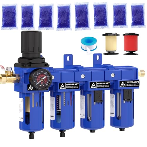 1/2" NPT Air Dryer for Compressor,4 Stage Water Separator for Air Compressor,Brass Filter, Coalescing Filter,Double Desiccant Dryers & Air Regulator,Semi-Auto Drain,Industrial Grade(Blue) - size: 1/2" NPT