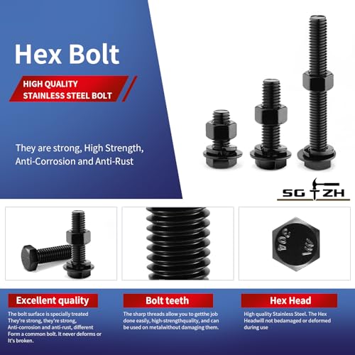 1/2-13 x 1 Hex Head Screw Bolt, Nuts, Flat & Lock Washers, 20Pcs 18-8 (304) Stainless Steel, Fully Threaded, Black Oxide by SG TZH - size: 1/2-13 x 1"