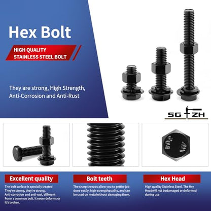 1/2-13 x 1 Hex Head Screw Bolt, Nuts, Flat & Lock Washers, 20Pcs 18-8 (304) Stainless Steel, Fully Threaded, Black Oxide by SG TZH - size: 1/2-13 x 1"