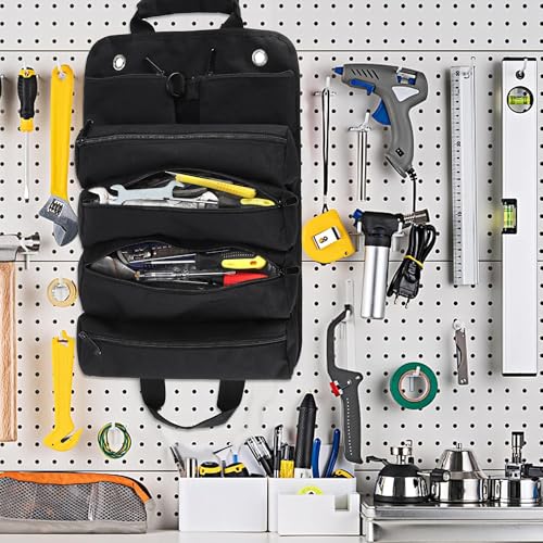 Tool Roll Bag, Tool Bag Organizer, Tool Carrier Roll UP Storage Pouches with 6 Zipper Pockets & Strap, Gifts for Men Mechanic Electrician Hobbyist (Black) - color: Black