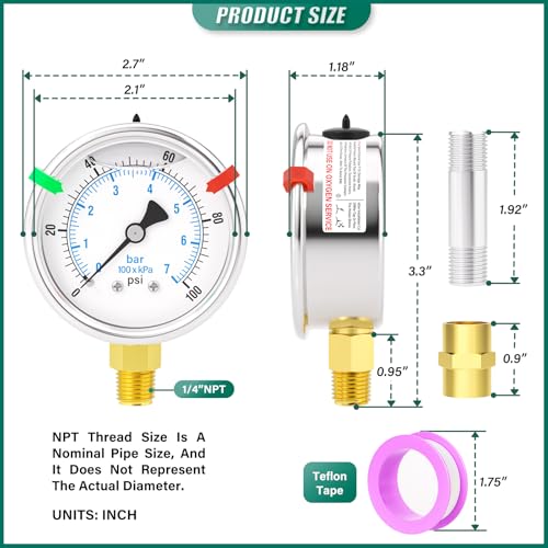 0-100PSI Heater Heavy Liquid Filled Pressure Gauge Kit, 2.5" Stainless Steel Dial Size, 1/4" NPT Lower Mount, for Low Pressure Portable Oil Fired Heaters (with Range Mark Pointer) - size: 0-100PSI