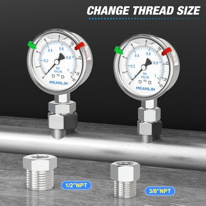 MEANLIN MEASURE 0~15Psi Stainless Steel Liquid Filled Pressure Gauge 2.5" FACE DIAL 1/4" NPT for Water Oil Air Well Pump Tank Tire Pressure Test Lower Mount with Stainless Steel Hex Bushing and Snaps - size: 0-15Psi, style: Lower Mount