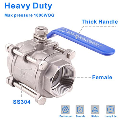 DERNORD Ball Valve 2 Inch NPT Threaded - Stainless Steel 304 Female 3 Piece Full Port (2" NPT Female) - size: 2" NPT Female
