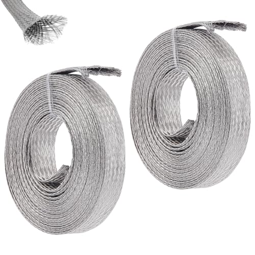 UNICRAFTALE 3/5 inch Wide Braided Sleeving Braid Stainless Steel Cable Wire Shielding Sleeve Ground Straps Protection Metal Mesh Flexible Expandable Scalable Ribbon Wire for Protect Cable 26 Feet - size: 8.7 Yards x 0.59in