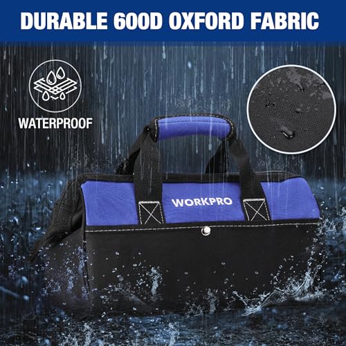 WORKPRO 13-inch Tool Bag, Wide Mouth Tool Tote with Inside Pockets - color: Blue