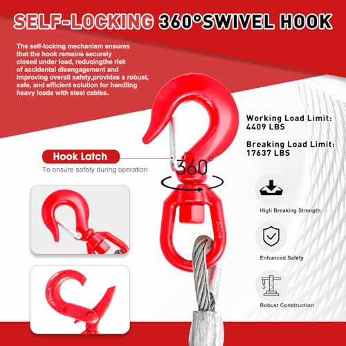 Steel Winch Cable,3/8" x 75' Wire Rope with Swivel Hook,17637 Lbs Breaking Strength,6x19 Strand Core Steel Towing Cable for Tow Truck,Crane,Wrecker - size: 75 ft
