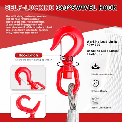 Steel Winch Cable,3/8" x 75' Wire Rope with Swivel Hook,17637 Lbs Breaking Strength,6x19 Strand Core Steel Towing Cable for Tow Truck,Crane,Wrecker - size: 75 ft