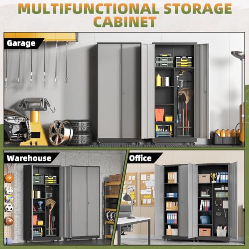 71''H Metal Garage Storage Cabinet with Wheels, Broom Cabinet with Lock - color: Black Gray, size: 71''h broom cabinet