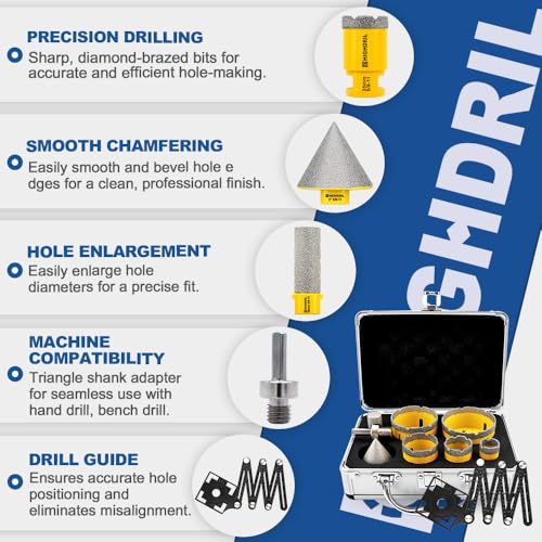 HIGHDRIL Multi Angle Measuring Ruler 5-Hole Drill Locator & Diamond Drill Bit Kit 5/8-11 for Porcelain Tile Ceramic Marble Brick Hole Saw(25/35/45/65/75mm+20mm Finger Bits+50mm Beveling Chamfer Bit) - size: Thread Set4