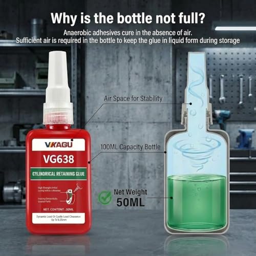 VG638 Retaining Compound, High Strength Cylindrical Adhesive for Bearings, Shafts & Gears - Fills Gaps up to 0.25mm, Restores Worn Parts, Green Anaerobic Glue, 1.69 fl oz - size: VG638, style: 1 Pack