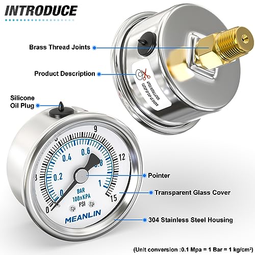 MEANLIN MEASURE 0~15Psi Dry Low Pressure Gauge Stainless Steel 1/4" NPT 2" FACE DIAL Waterproof for Water Oil Air Well Pump Tank Tire Pressure Test Back Mount, with 1/2" NPT and 3/8" NPT Hex Bushing - size: 0-15Psi