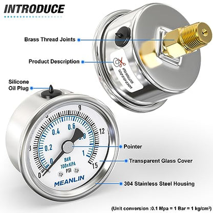 MEANLIN MEASURE 0~15Psi Dry Low Pressure Gauge Stainless Steel 1/4" NPT 2" FACE DIAL Waterproof for Water Oil Air Well Pump Tank Tire Pressure Test Back Mount, with 1/2" NPT and 3/8" NPT Hex Bushing - size: 0-15Psi