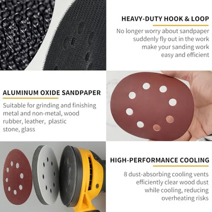5 Inch 8 Holes Hook Loop Orbital Sander Metal Pad Replacement for DeWalt DW420 DW421 DW422 DW423 DW426 D26451 D26453 with 4 PCS Foam & 36 PCS Sanding Discs 100 150 180 240 320 400 Grits - size: FIT DW4388 & 151281-08