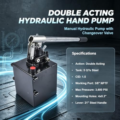 Double Acting Hydraulic Hand Pump with 5 Quart Tank, 1.5 CID, 3600 PSI - size: 5 QTs, 1.5CID
