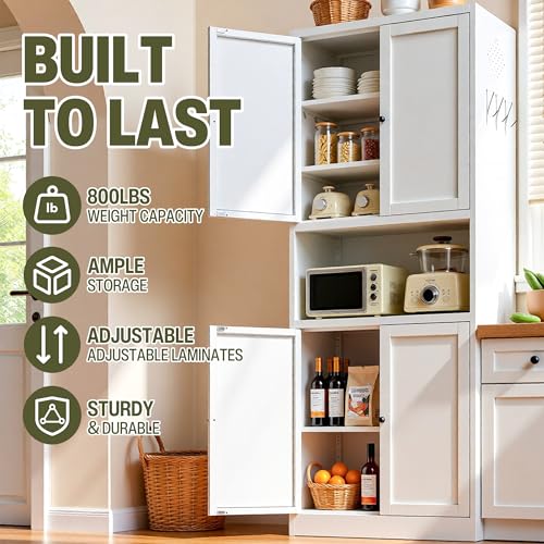 AQY Metal Pantry Cabinet, 72" White Kitchen Storage Cabinet with Doors - color: White, style: H72" - 4 Doors Wire Hole Hooks & Vents