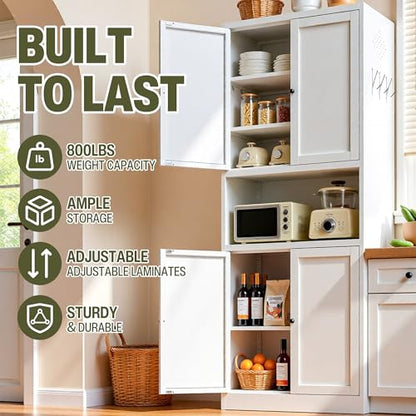 AQY Metal Pantry Cabinet, 72" White Kitchen Storage Cabinet with Doors - color: White, style: H72" - 4 Doors Wire Hole Hooks & Vents
