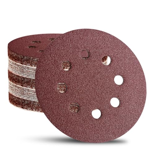 52 Pack 5 Inch 8-Hole Hook and Loop Sanding Discs Sandpaper Red Round 60 80 120 220 320 Mixed Grits Sandpaper for Random Orbital Sander - style: Mixed Grits 52-Pack