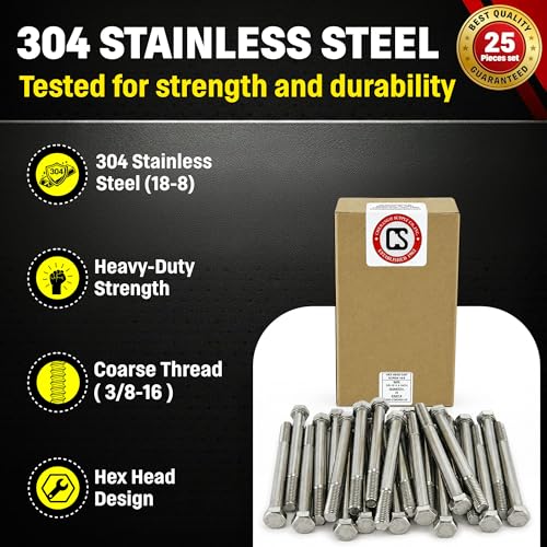 Chenango Supply 3/8-16 x 4 Stainless Steel Hex Head Bolts - size: 3/8-16x4"(25pcs)