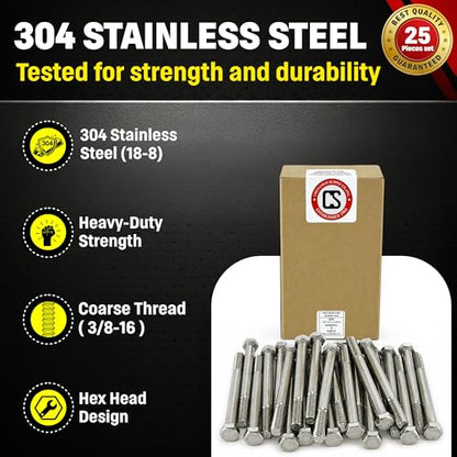 Chenango Supply 3/8-16 x 4 Stainless Steel Hex Head Bolts - size: 3/8-16x4"(25pcs)