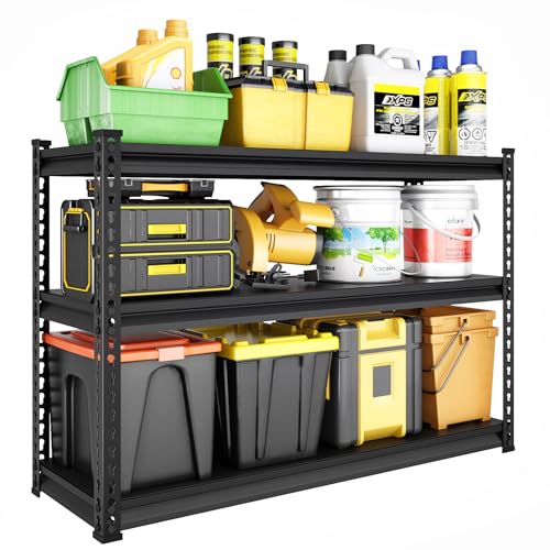 48" W Garage Shelving Heavy Duty, 1500LBS Loads Adjustable Garage Storage Shelves, 3-Tier Metal Shelving Units and Storage Racks, Industrial Utility Shelf,48" Wx18 Dx39 H, Black - color: Black, size: 48" W×18" D-3tier