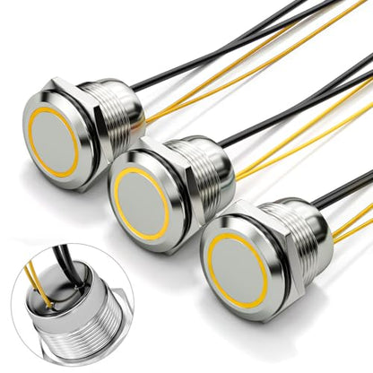 3PCS 19mm 20A Latching LED Push Button Switch IP67 12V-24V DC Yellow - color: Yellow Silver Shell, size: Latching