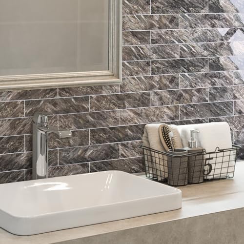AULIGET 40-Piece Polished Brown Peel and Stick Backsplash Wall Tiles, 3" x 12" PVC Faux Stone Stick on Tiles for Backsplash Kitchen, Bathroom, Laundry Room, Camper, Fireplace - color: Polished Brown, size: 40 Pieces, 3"x12"x0.12"