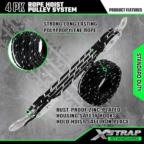 XSTRAP STANDARD Heavy-Duty 50 FT Reflective Rope Hoist Pulley System, Black - color: 50ft Black with Reflective Strips