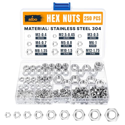 ALBO 250 PCS Metric Hex Nuts Assortment – Stainless Steel 304 Hardware Nuts Set (M2 to M12) – Metric Nut Assortment in Reusable Box - size: Metric Set 250pcs