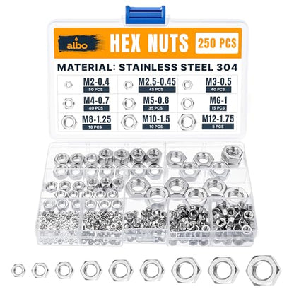 ALBO 250 PCS Metric Hex Nuts Assortment – Stainless Steel 304 Hardware Nuts Set (M2 to M12) – Metric Nut Assortment in Reusable Box - size: Metric Set 250pcs