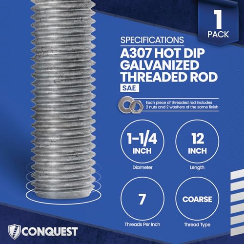 Conquest A307 Hot Dip Galvanized Threaded Rod 1-1/4"-7 x 12, - size: 1-1/4"-7 x 1'