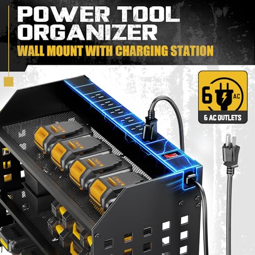 SPACECARE Power Tool Organizer with Charging Station 6 Outlets, 3-Layer Heavy Duty Wall Mount Drill Storage Rack, Cordless Tool with Utility Shelf, Garage Organization and Storage for Workshop- Black - style: 4 Drill Holders C